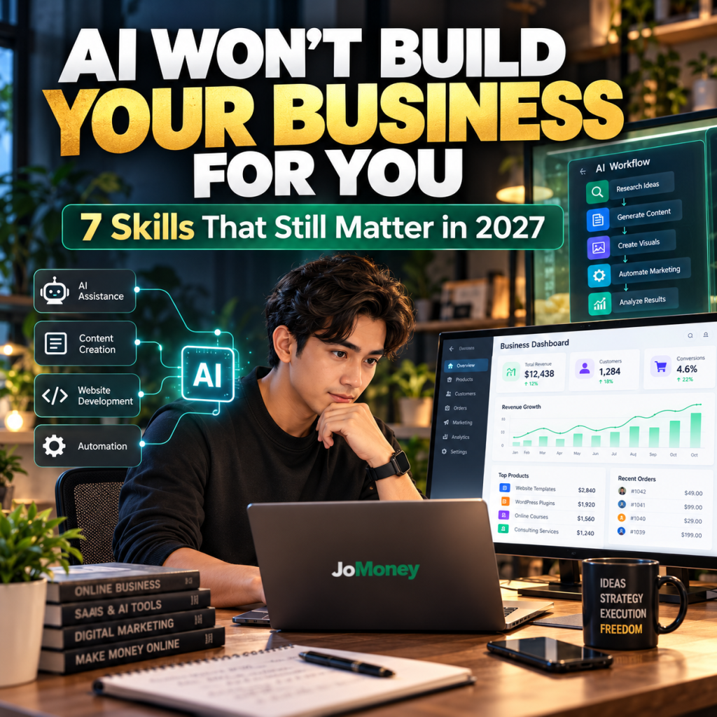 Entrepreneur analyzing business performance with AI-assisted tools, illustrating essential entrepreneurship skills for 2027.