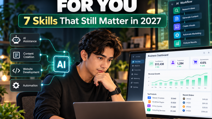 Entrepreneur analyzing business performance with AI-assisted tools, illustrating essential entrepreneurship skills for 2027.