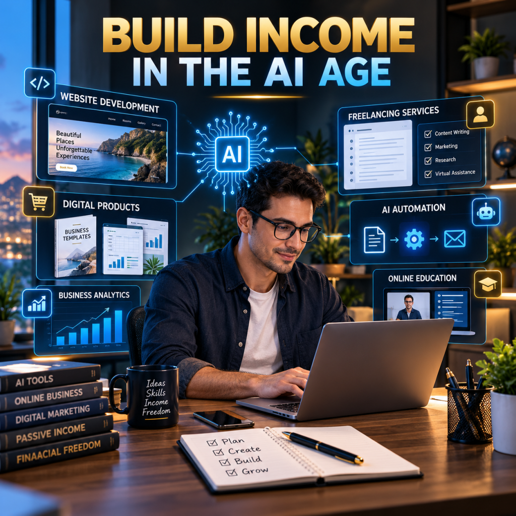 Professional working on AI-assisted digital business opportunities, including freelancing, website development, automation, and online entrepreneurship.
