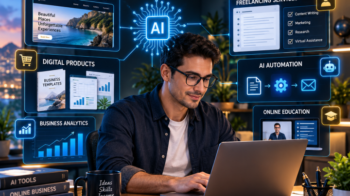Professional working on AI-assisted digital business opportunities, including freelancing, website development, automation, and online entrepreneurship.