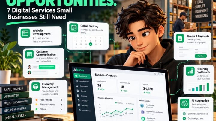 Digital entrepreneur exploring seven services for plumbing, auto repair, and wholesale businesses, including booking, websites, and automation.