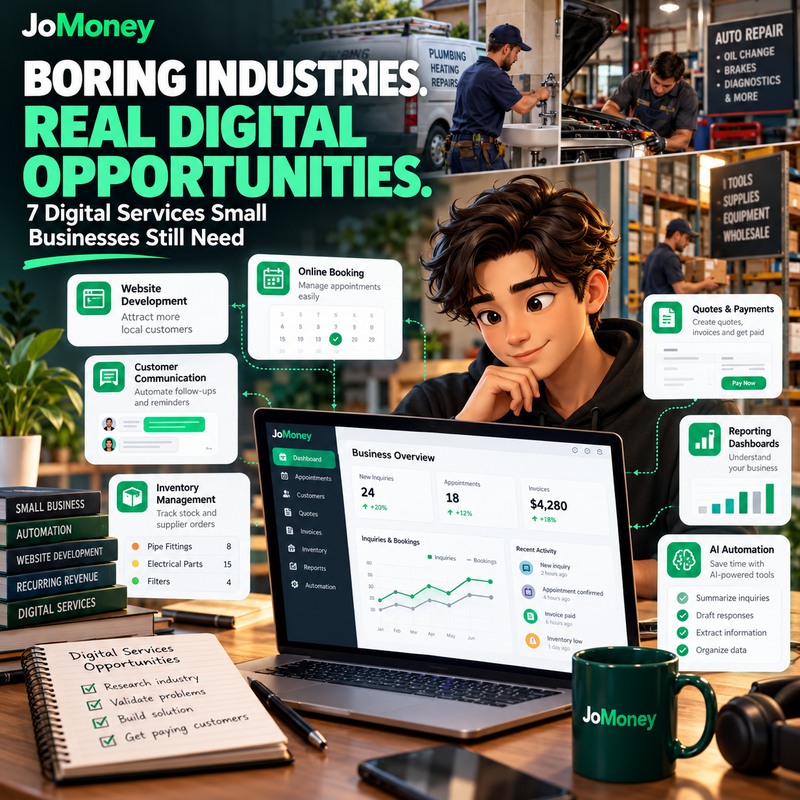 Digital entrepreneur exploring seven services for plumbing, auto repair, and wholesale businesses, including booking, websites, and automation.